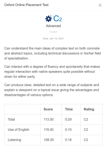 My English CEFR test result.